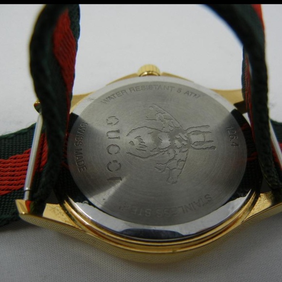 Gucci Watch, Bee, Yellow Plated Stainless Steel Round Green & Red Fly Nylon Dial - Picture 2 of 4